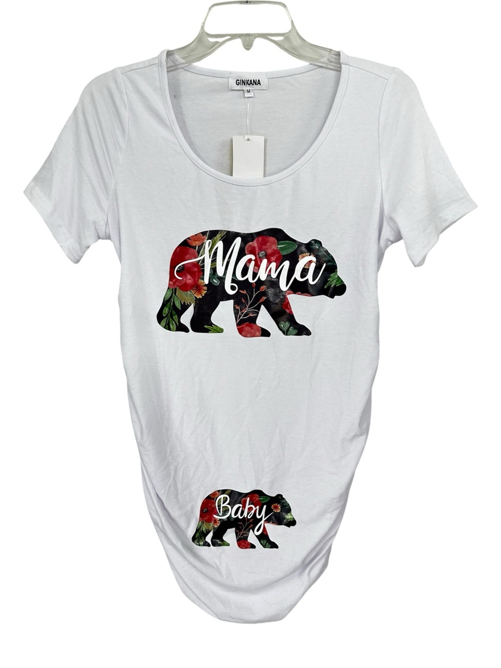 NWT Mama Baby Bear Maternity T-Shirt White Floral Short Sleeve Ginkana Sz Medium